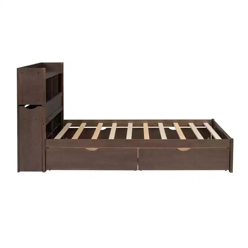 Full Size Storage Platform Bed with Twin Size Trundle, Pull Out Shelves and 2 Drawers