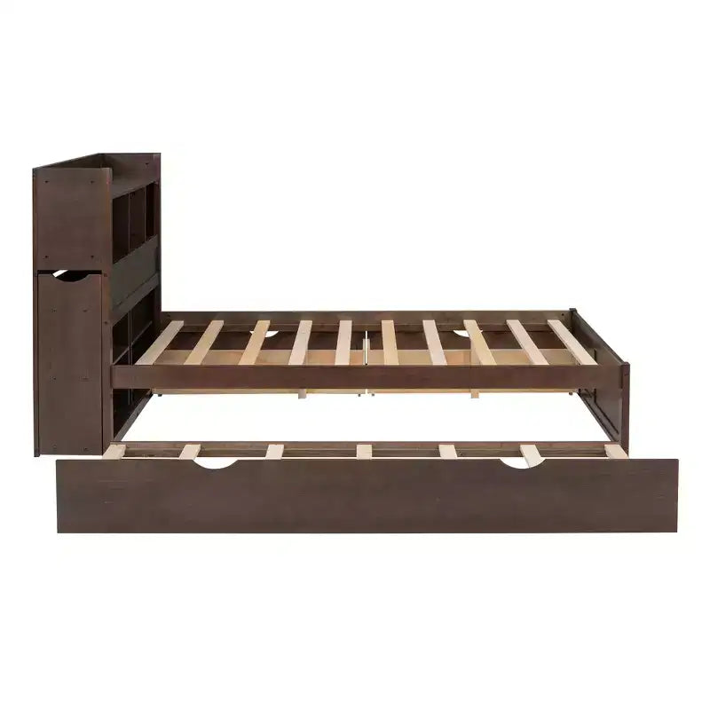 Full Size Storage Platform Bed with Twin Size Trundle, Pull Out Shelves and 2 Drawers