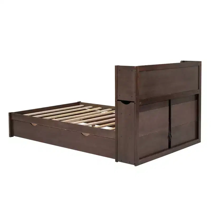 Full Size Storage Platform Bed with Twin Size Trundle, Pull Out Shelves and 2 Drawers