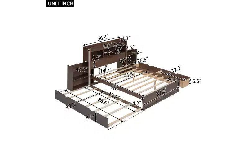 Full Size Storage Platform Bed with Twin Size Trundle, Pull Out Shelves and 2 Drawers