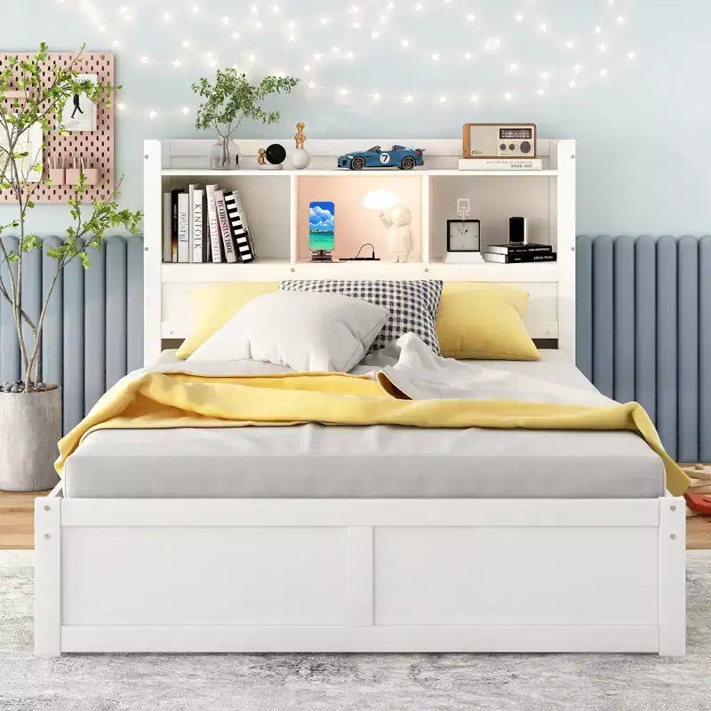 Full Size Storage Platform Bed with Twin Size Trundle, Pull Out Shelves and 2 Drawers