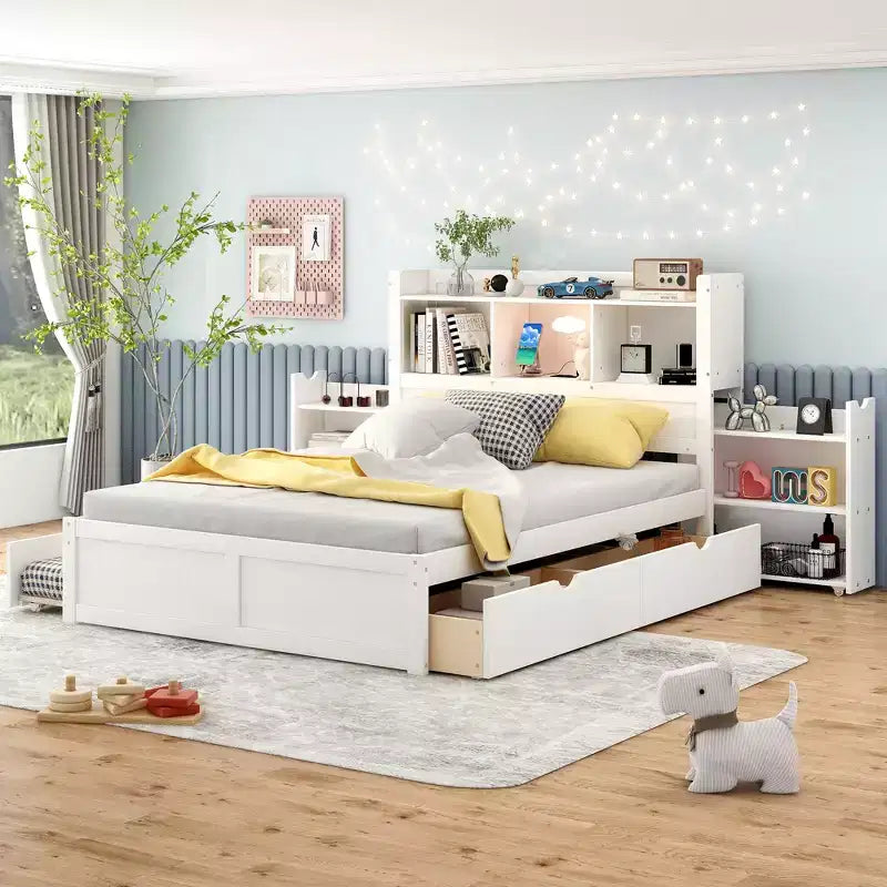 Full Size Storage Platform Bed with Twin Size Trundle, Pull Out Shelves and 2 Drawers