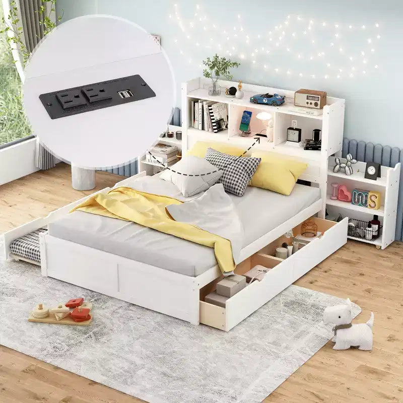 Full Size Storage Platform Bed with Twin Size Trundle, Pull Out Shelves and 2 Drawers