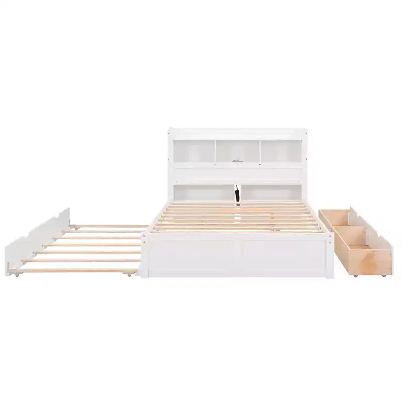 Full Size Storage Platform Bed with Twin Size Trundle, Pull Out Shelves and 2 Drawers