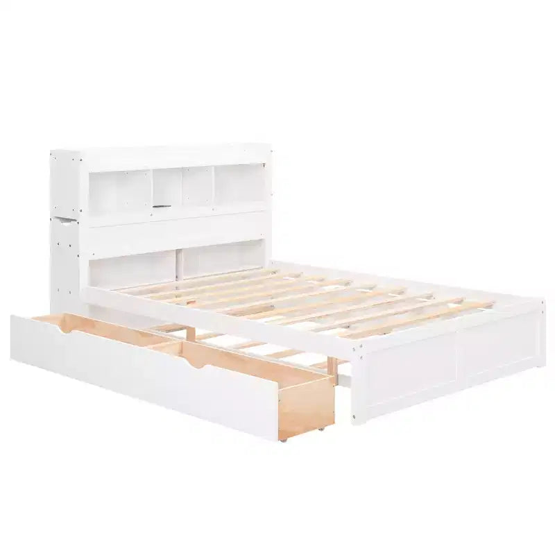 Full Size Storage Platform Bed with Twin Size Trundle, Pull Out Shelves and 2 Drawers