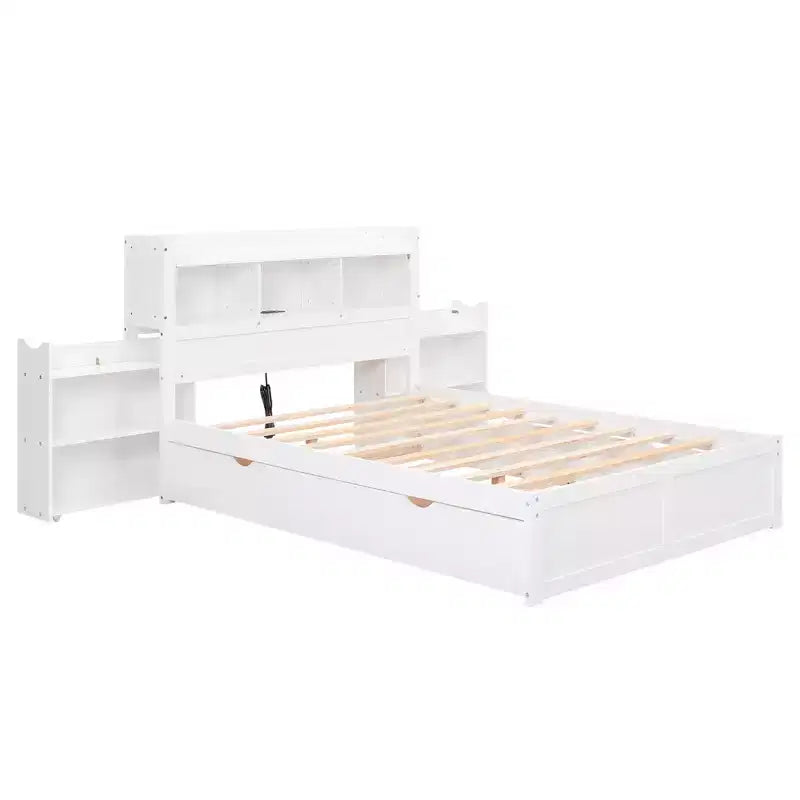 Full Size Storage Platform Bed with Twin Size Trundle, Pull Out Shelves and 2 Drawers