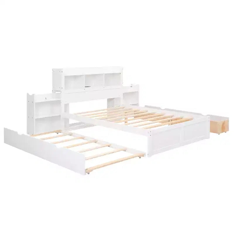 Full Size Storage Platform Bed with Twin Size Trundle, Pull Out Shelves and 2 Drawers