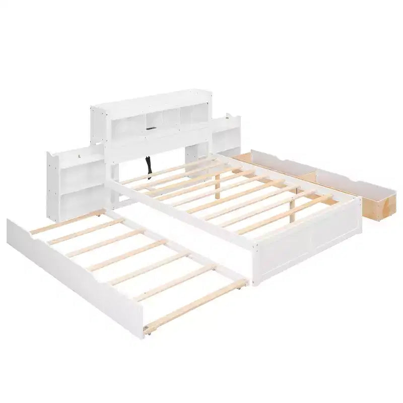 Full Size Storage Platform Bed with Twin Size Trundle, Pull Out Shelves and 2 Drawers