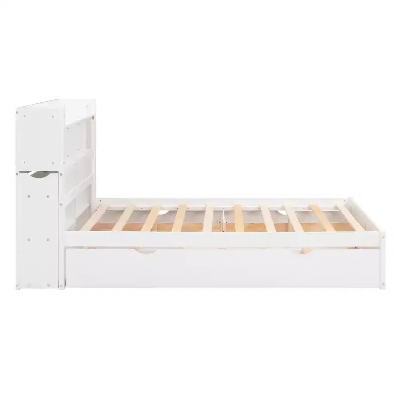 Full Size Storage Platform Bed with Twin Size Trundle, Pull Out Shelves and 2 Drawers