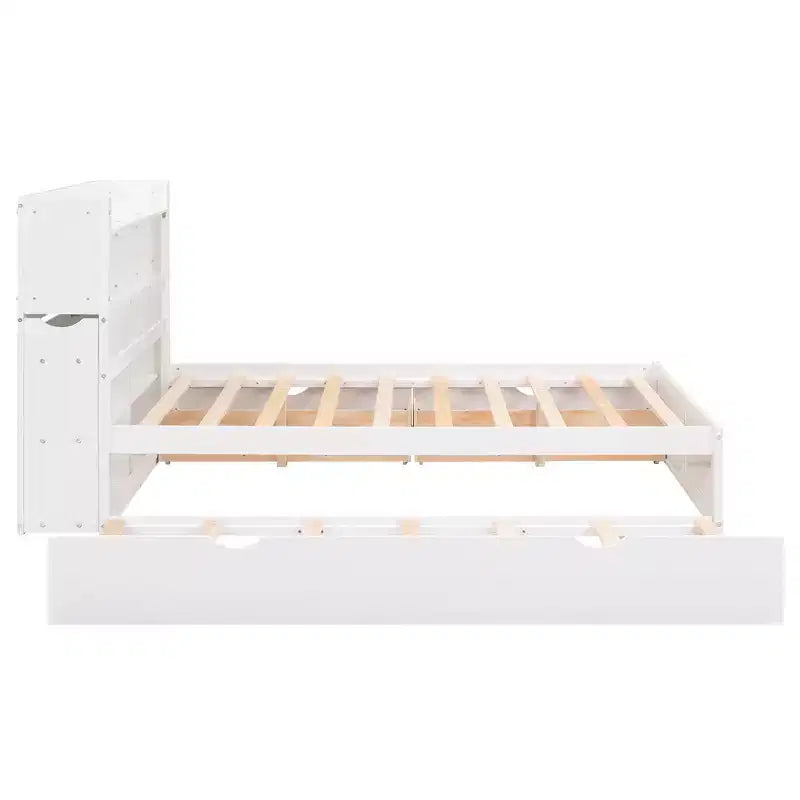 Full Size Storage Platform Bed with Twin Size Trundle, Pull Out Shelves and 2 Drawers