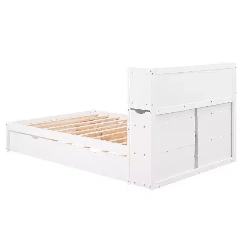Full Size Storage Platform Bed with Twin Size Trundle, Pull Out Shelves and 2 Drawers