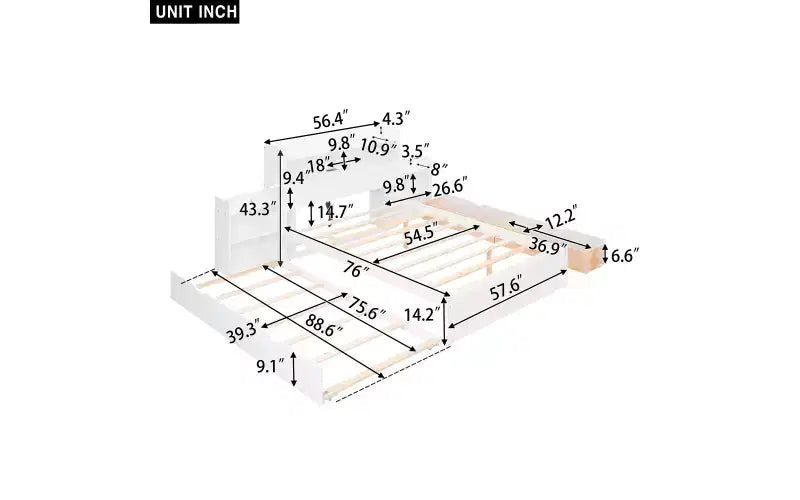 Full Size Storage Platform Bed with Twin Size Trundle, Pull Out Shelves and 2 Drawers