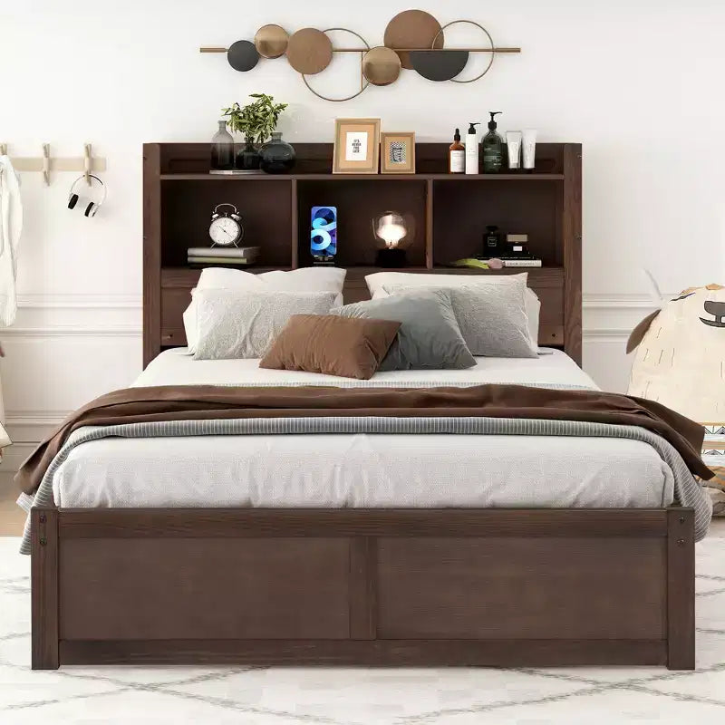 Full Size Storage Platform Bed with Twin Size Trundle, Pull Out Shelves and 2 Drawers