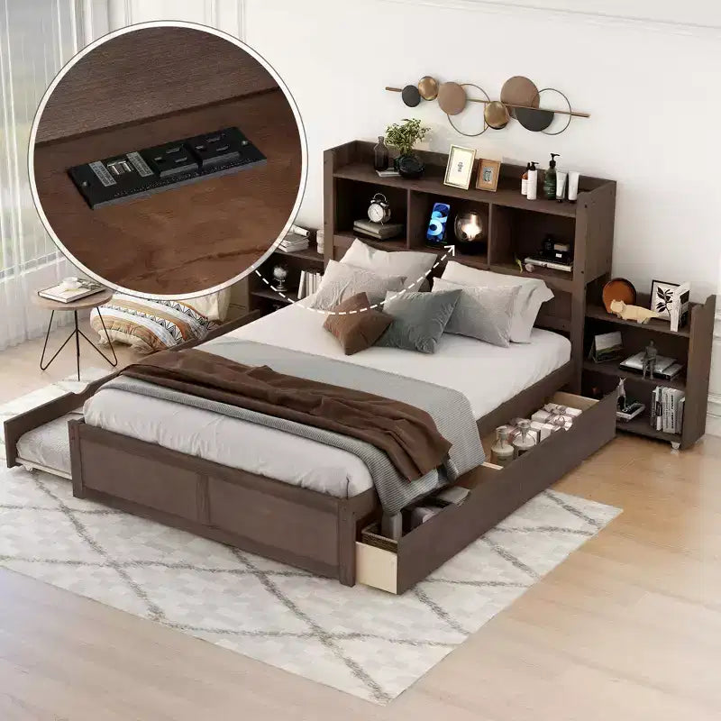 Full Size Storage Platform Bed with Twin Size Trundle, Pull Out Shelves and 2 Drawers