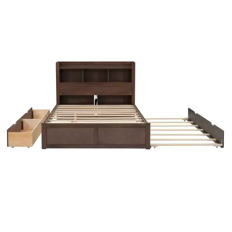 Full Size Storage Platform Bed with Twin Size Trundle, Pull Out Shelves and 2 Drawers