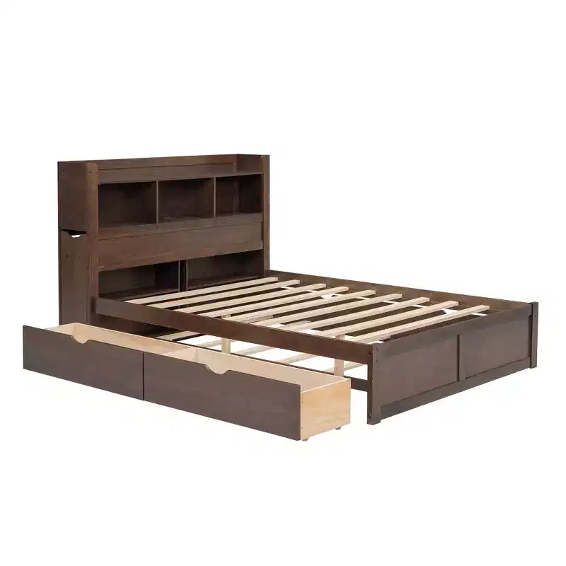 Full Size Storage Platform Bed with Twin Size Trundle, Pull Out Shelves and 2 Drawers