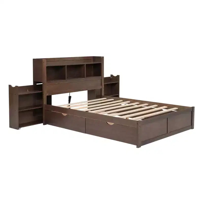 Full Size Storage Platform Bed with Twin Size Trundle, Pull Out Shelves and 2 Drawers