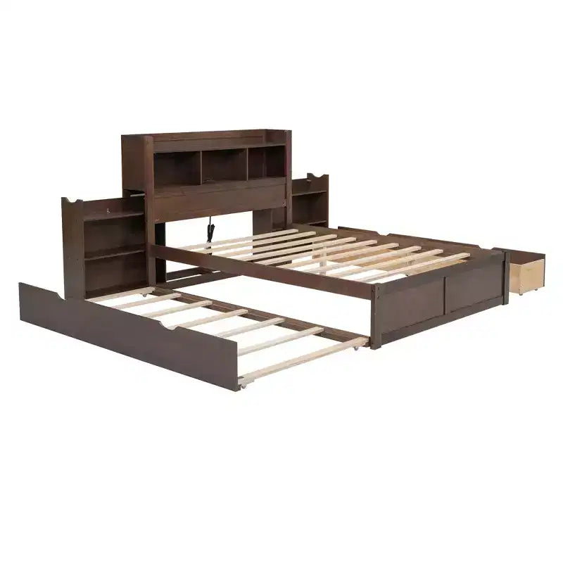 Full Size Storage Platform Bed with Twin Size Trundle, Pull Out Shelves and 2 Drawers