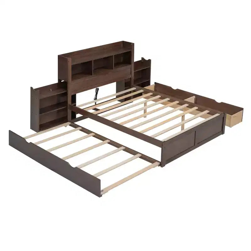 Full Size Storage Platform Bed with Twin Size Trundle, Pull Out Shelves and 2 Drawers