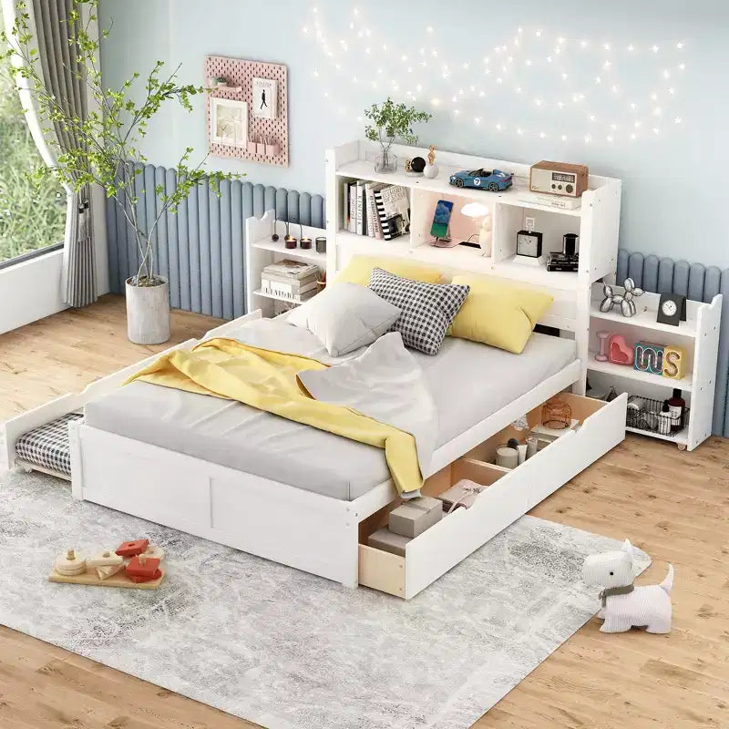 Full Size Storage Platform Bed with Twin Size Trundle, Pull Out Shelves and 2 Drawers