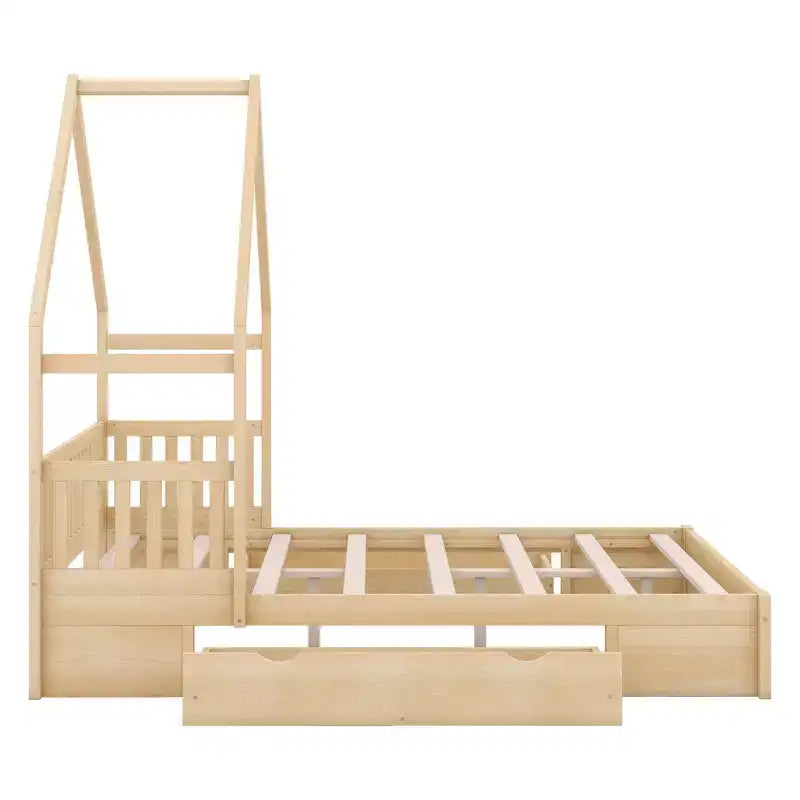 Queen Size Wood House Platform Bed with Guardrail and 2 Drawers