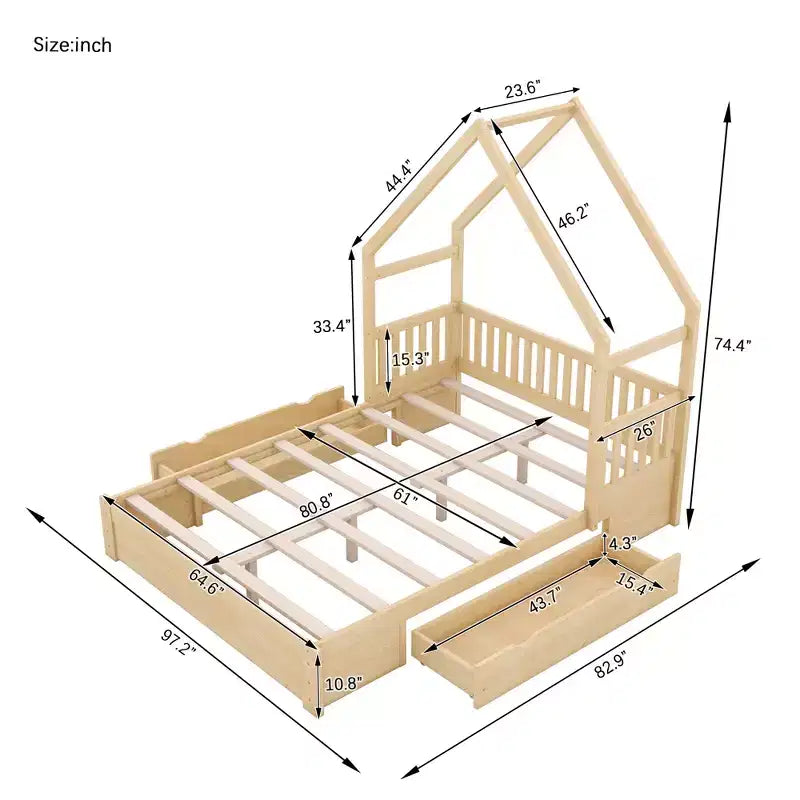 Queen Size Wood House Platform Bed with Guardrail and 2 Drawers