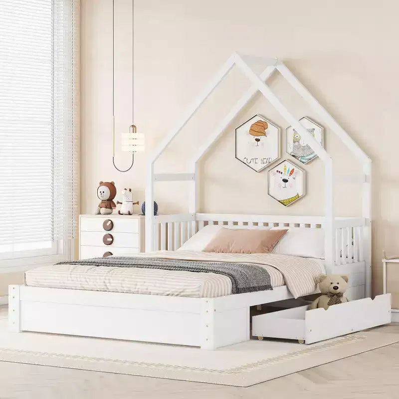 Queen Size Wood House Platform Bed with Guardrail and 2 Drawers