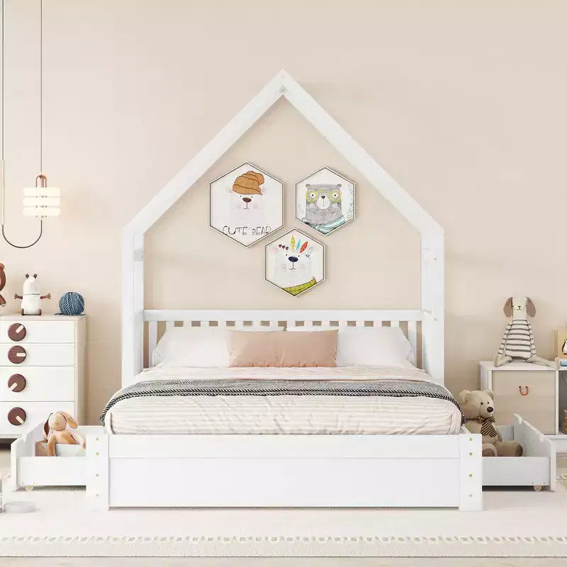 Queen Size Wood House Platform Bed with Guardrail and 2 Drawers