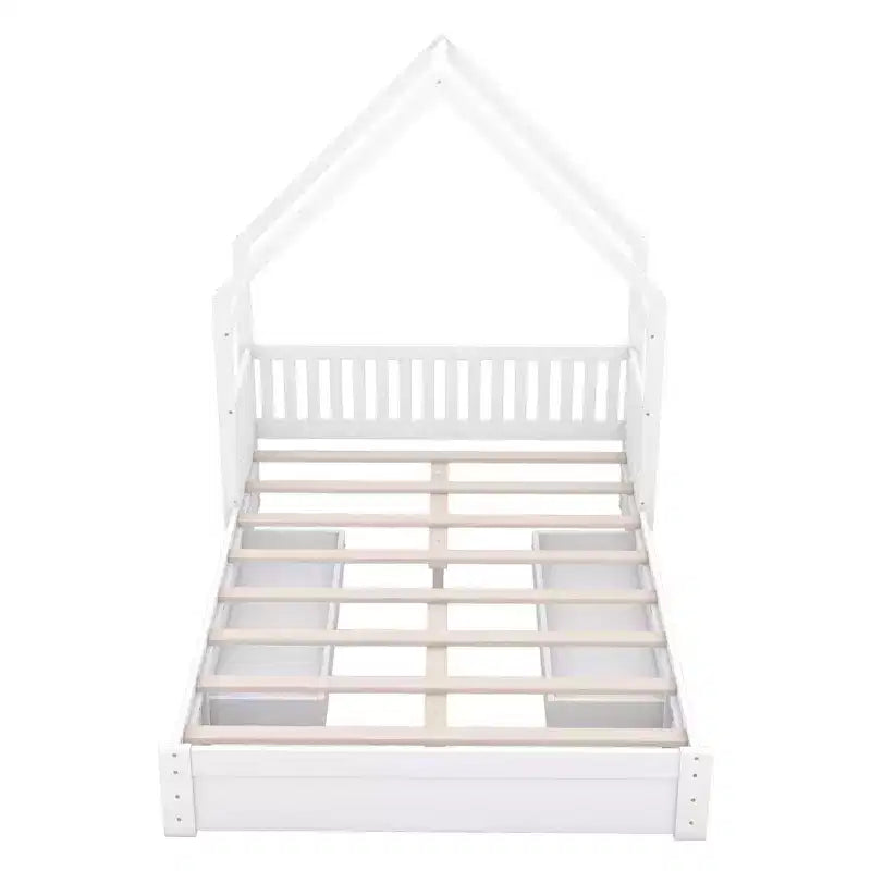 Queen Size Wood House Platform Bed with Guardrail and 2 Drawers