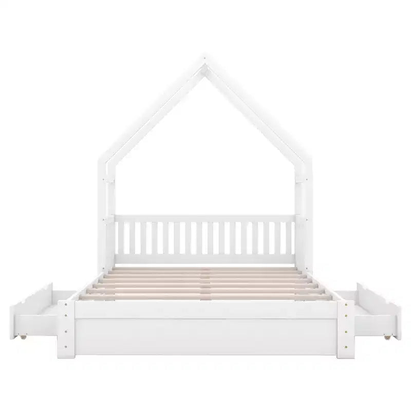 Queen Size Wood House Platform Bed with Guardrail and 2 Drawers
