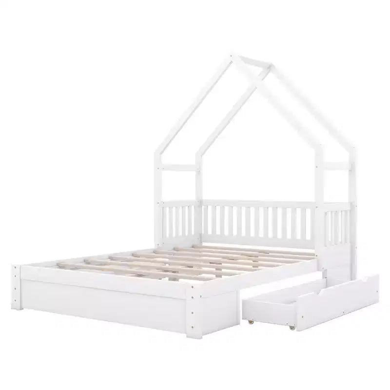 Queen Size Wood House Platform Bed with Guardrail and 2 Drawers