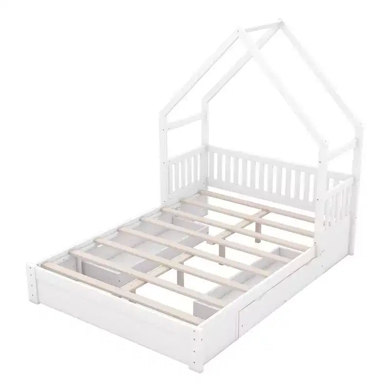 Queen Size Wood House Platform Bed with Guardrail and 2 Drawers