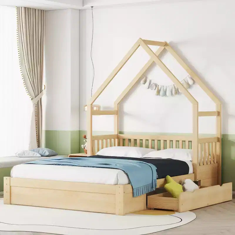 Queen Size Wood House Platform Bed with Guardrail and 2 Drawers