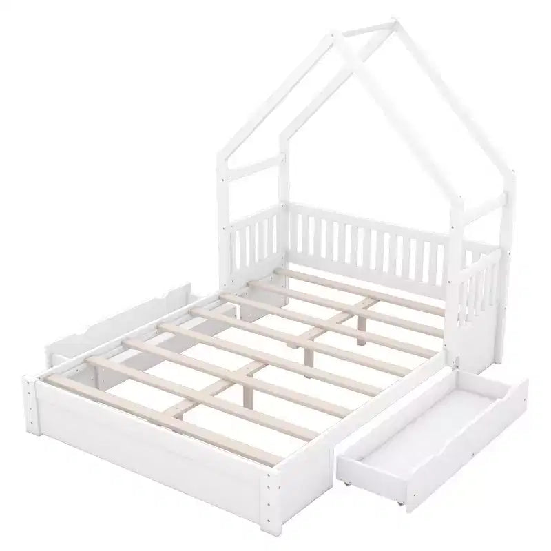 Queen Size Wood House Platform Bed with Guardrail and 2 Drawers