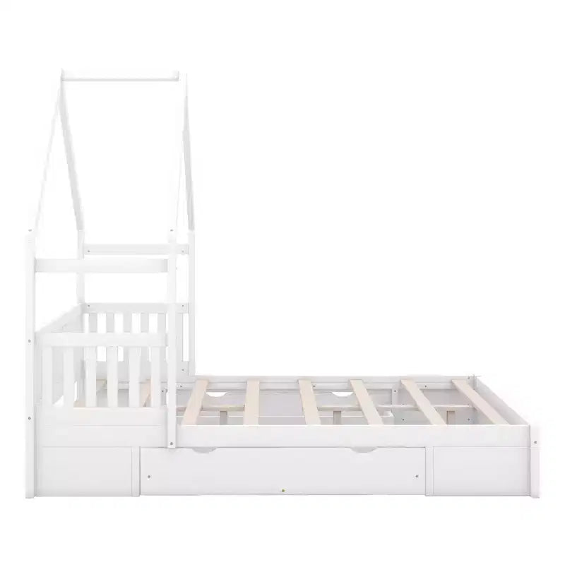 Queen Size Wood House Platform Bed with Guardrail and 2 Drawers