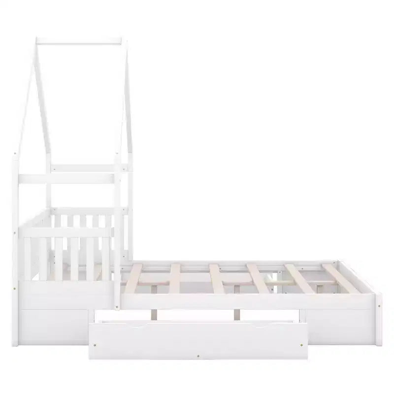 Queen Size Wood House Platform Bed with Guardrail and 2 Drawers