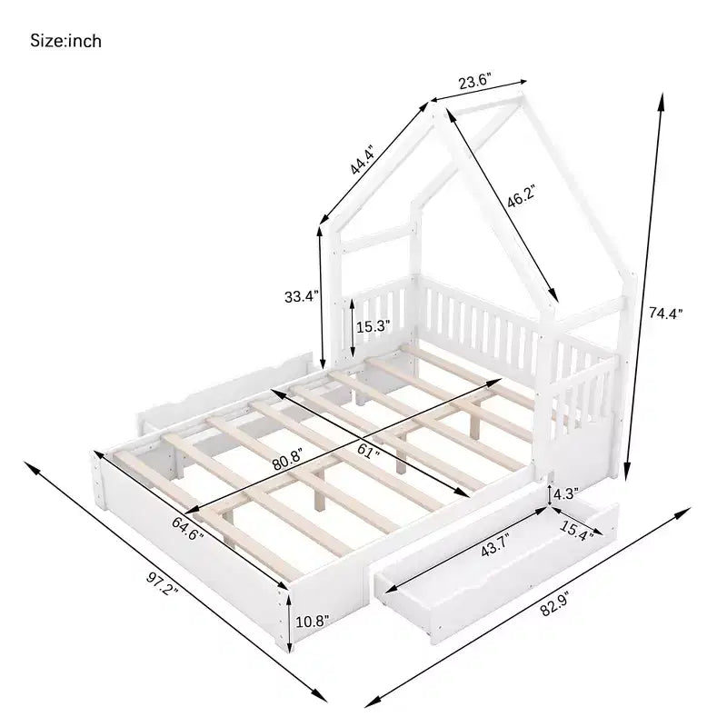 Queen Size Wood House Platform Bed with Guardrail and 2 Drawers