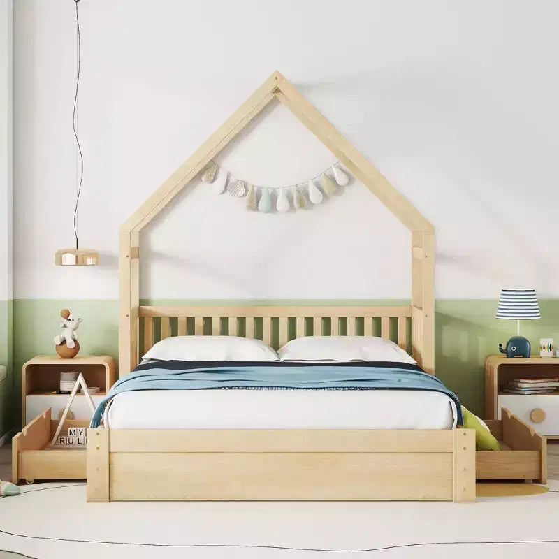 Queen Size Wood House Platform Bed with Guardrail and 2 Drawers