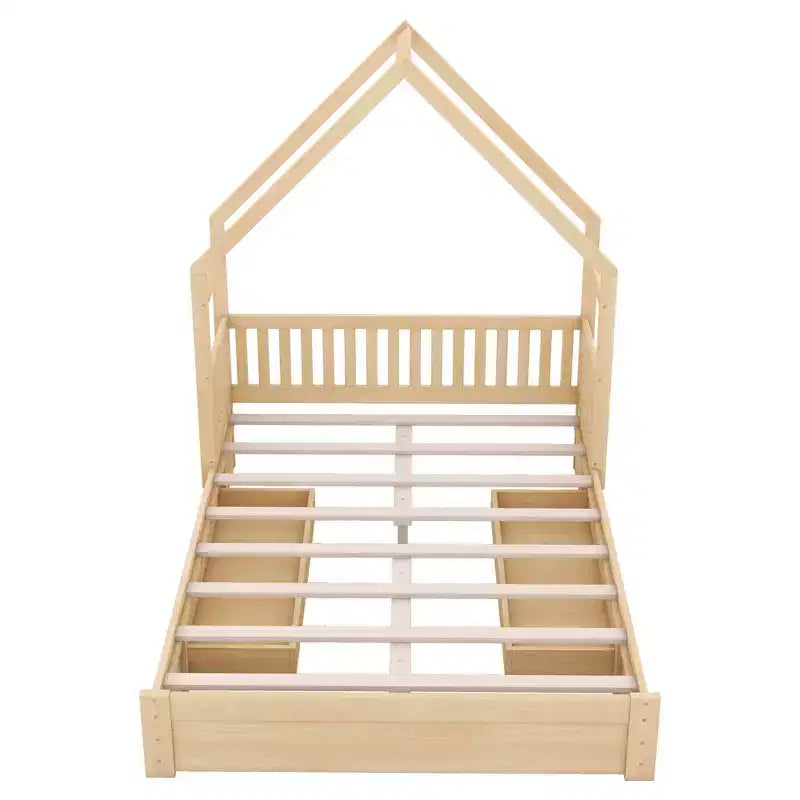 Queen Size Wood House Platform Bed with Guardrail and 2 Drawers
