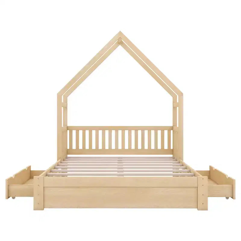Queen Size Wood House Platform Bed with Guardrail and 2 Drawers