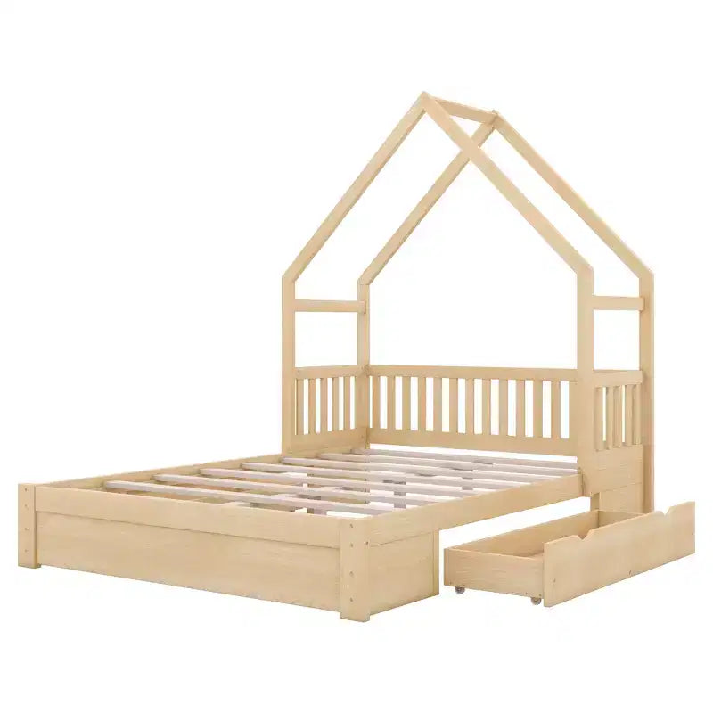 Queen Size Wood House Platform Bed with Guardrail and 2 Drawers