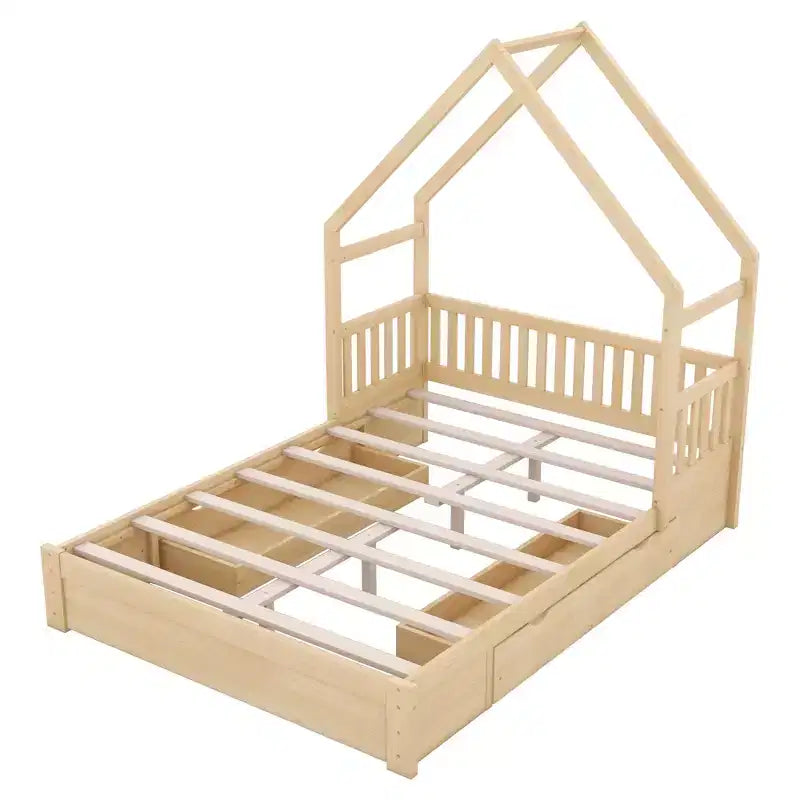 Queen Size Wood House Platform Bed with Guardrail and 2 Drawers