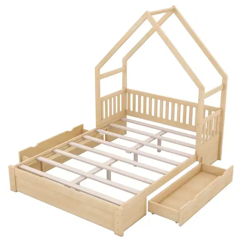Queen Size Wood House Platform Bed with Guardrail and 2 Drawers