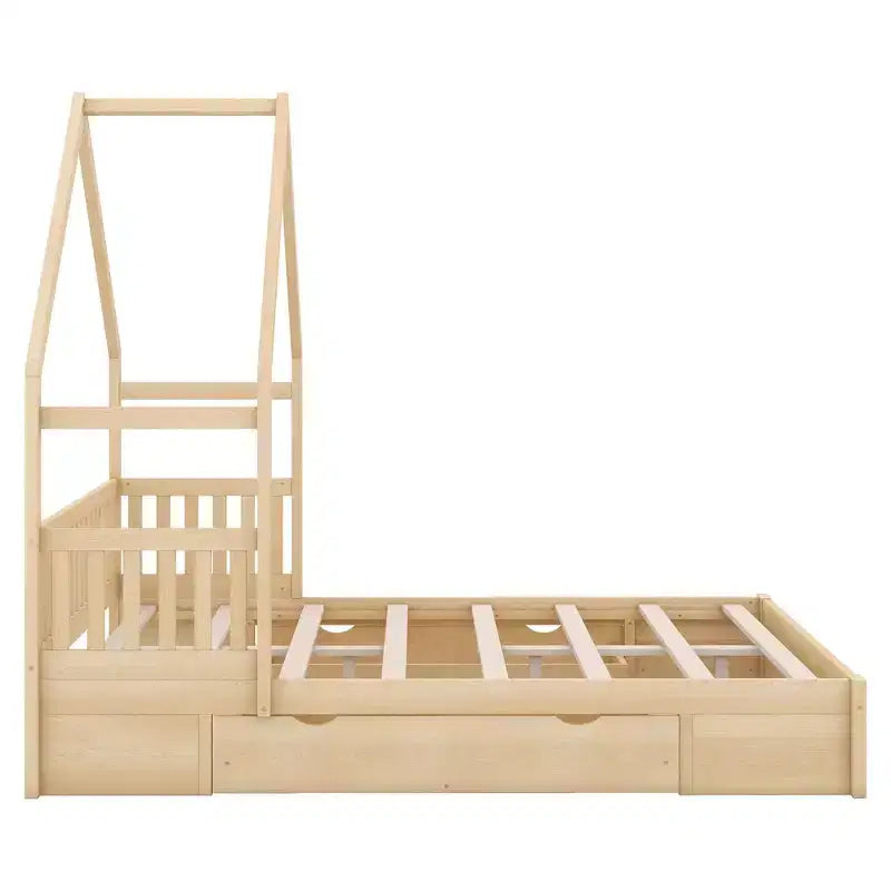 Queen Size Wood House Platform Bed with Guardrail and 2 Drawers
