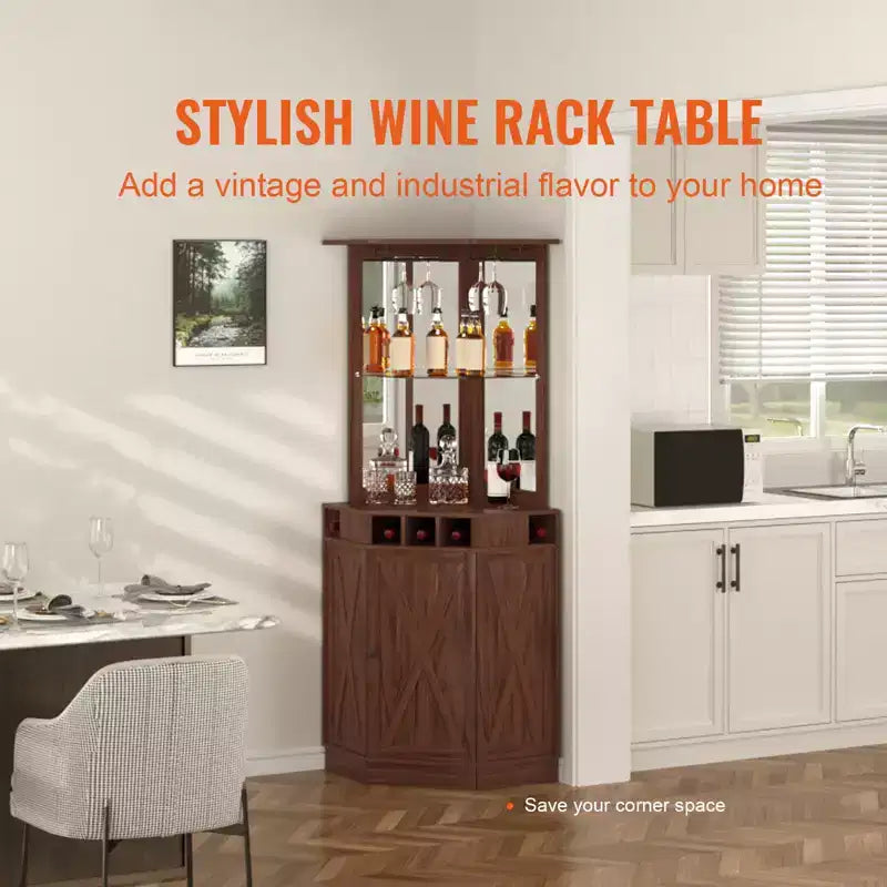 Corner Industrial Bar Cabinet, Wine Table for Liquor & Glasses, Sideboard Buffet Cabinet with Glass Holder, Black Walnut