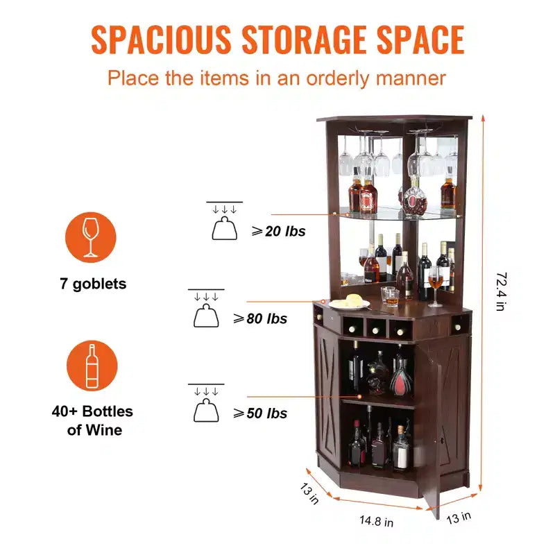 Corner Industrial Bar Cabinet, Wine Table for Liquor & Glasses, Sideboard Buffet Cabinet with Glass Holder, Black Walnut