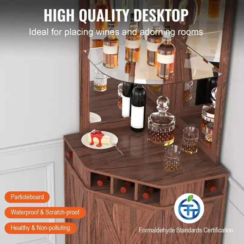 Corner Industrial Bar Cabinet, Wine Table for Liquor & Glasses, Sideboard Buffet Cabinet with Glass Holder, Black Walnut