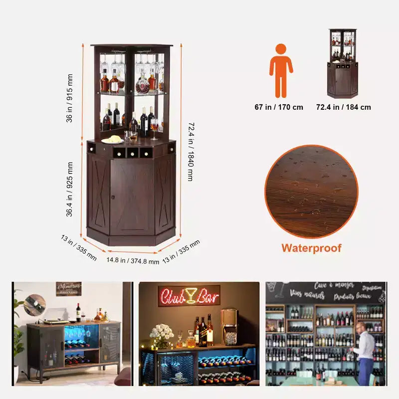 Corner Industrial Bar Cabinet, Wine Table for Liquor & Glasses, Sideboard Buffet Cabinet with Glass Holder, Black Walnut