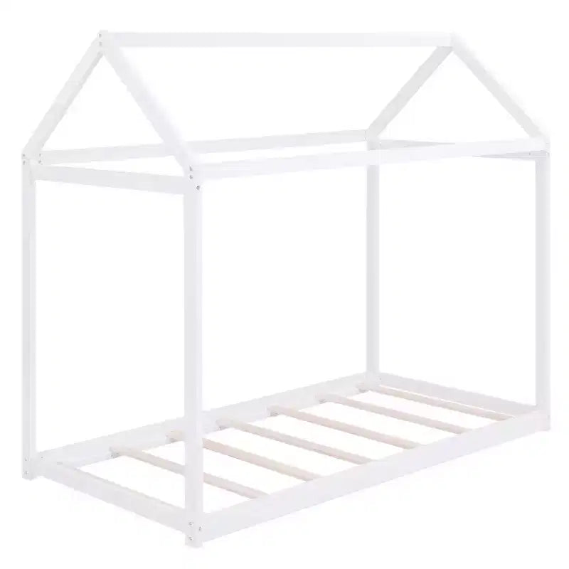 Twin Size House-Shaped Roof Wooden Bed Frame, Modern Floor Bed for Toddlers/Kids Bedroom