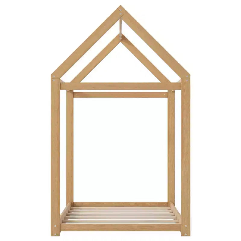 Twin Size House-Shaped Roof Wooden Bed Frame, Modern Floor Bed for Toddlers/Kids Bedroom